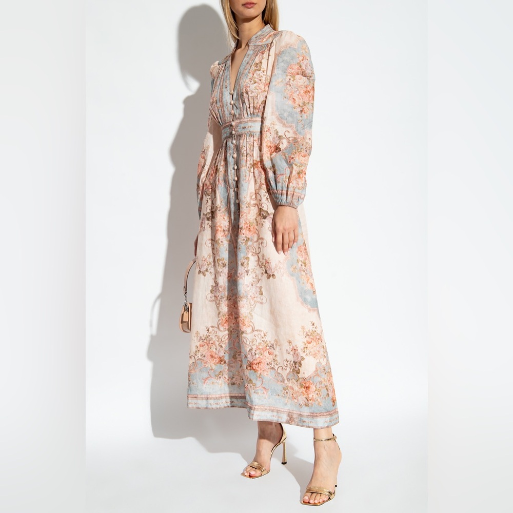 Floral Long Sleeve Maxi Dress in Blush & Sky
